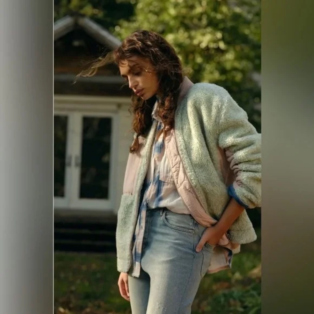 Free People Rivington Sherpa Jacket Green/Pink Small